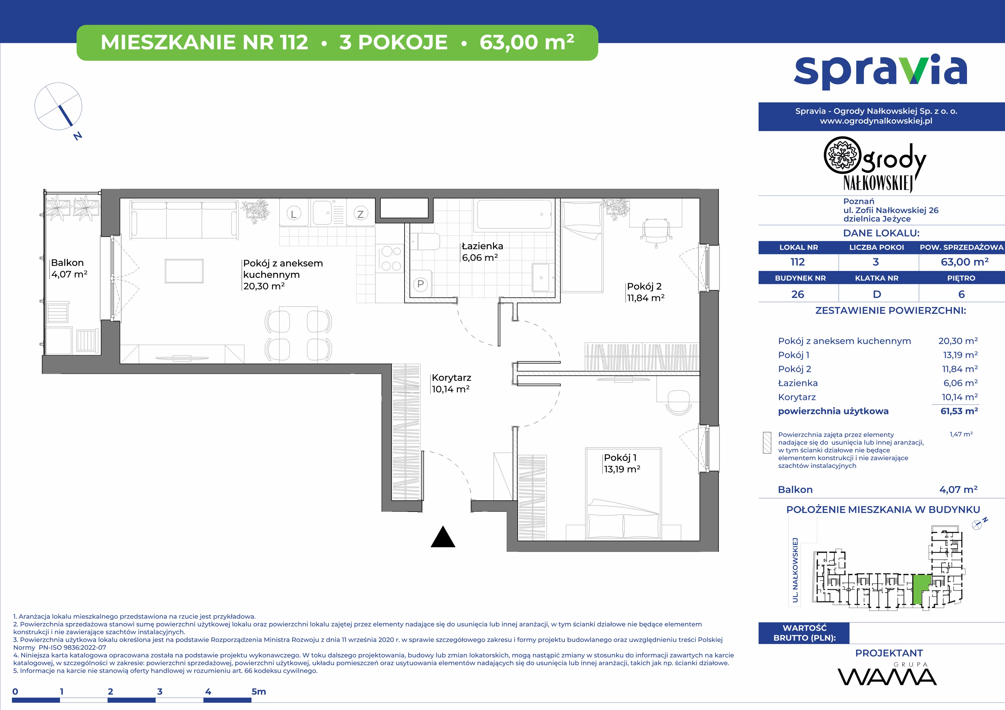 3 pokoje, mieszkanie 63,00 m², piętro 6, oferta nr 26-112, Ogrody Nałkowskiej, Poznań, Ogrody, ul. Nałkowskiej 24, 26